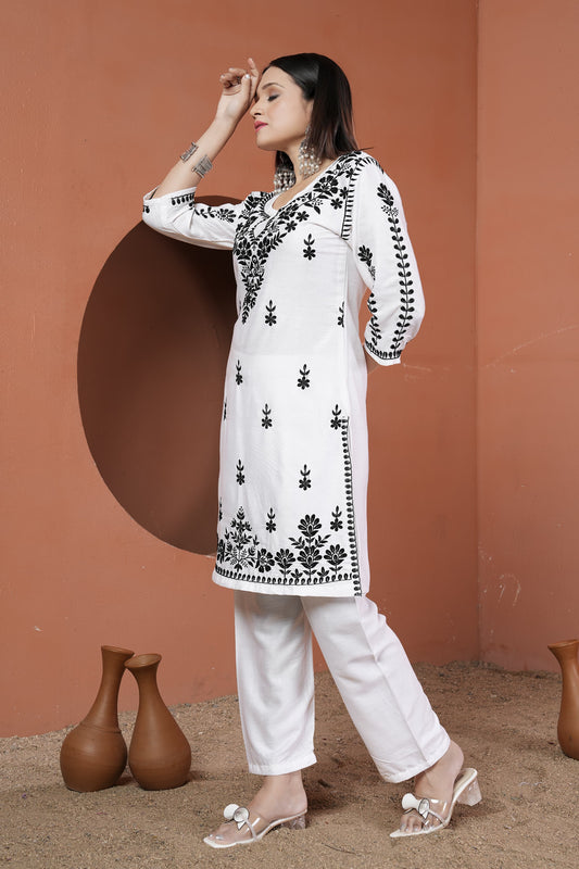 Classic Ethnic Wear – Rayon White Chikankari Kurti & Pant