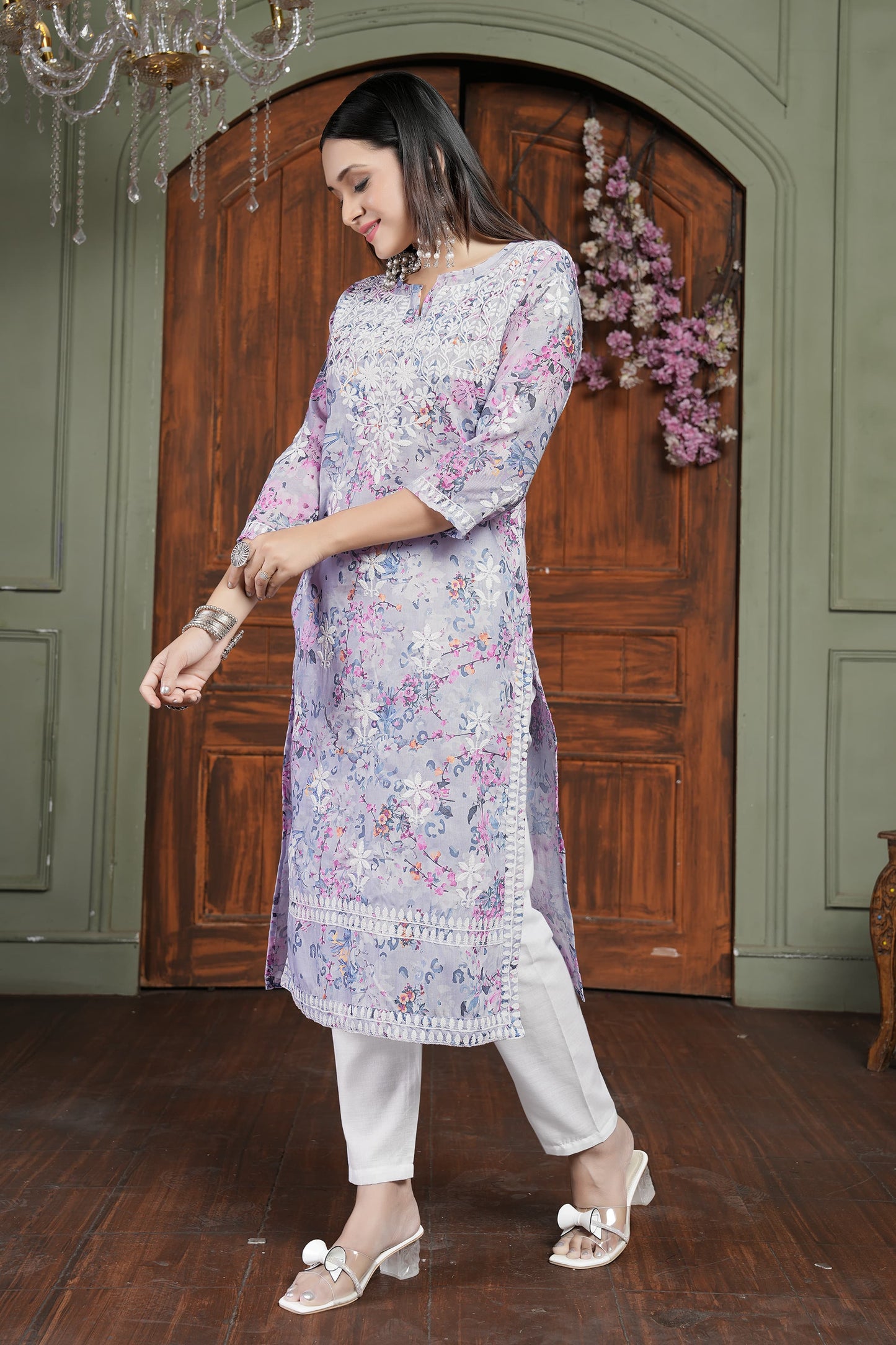Trendy Pink Women’s Chikankari Cotton Kurti & Pant