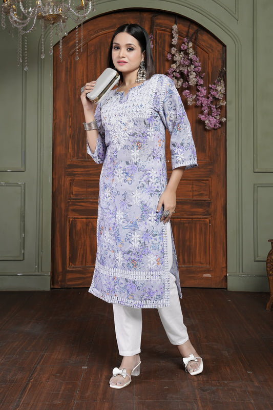 Trendy Levander Women’s Chikankari Cotton Kurti & Pant