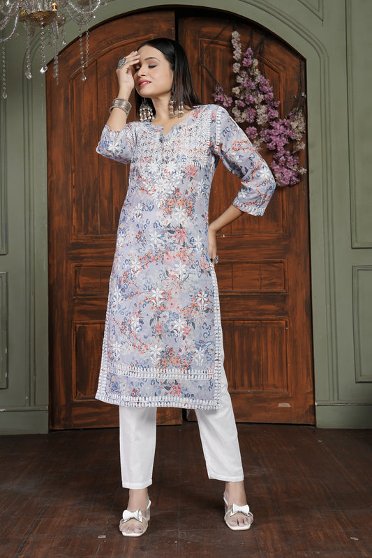 Trendy Orange Women’s Chikankari Cotton Kurti & Pant