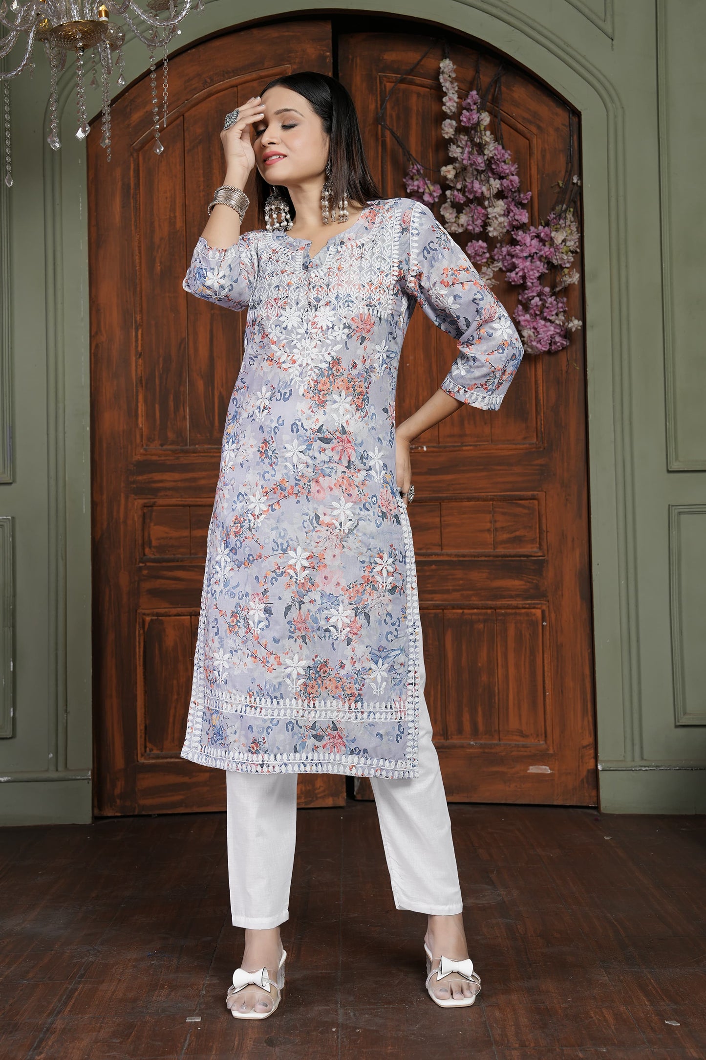 Trendy Orange Women’s Chikankari Cotton Kurti & Pant