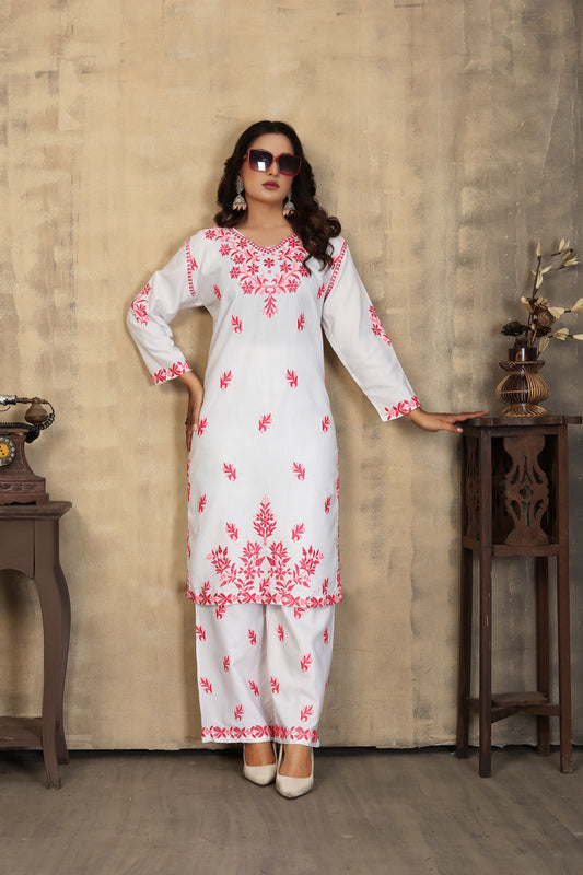Classic & Stylish Rayon Slub White Chikankari Kurti Pant Collection