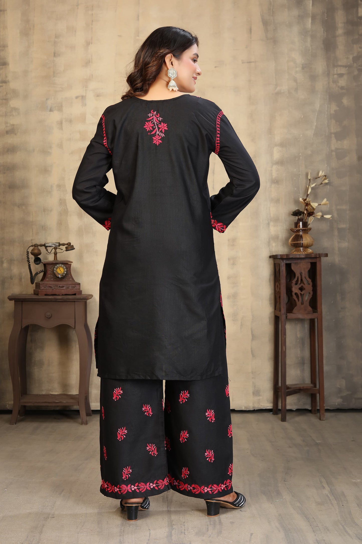 Classic & Stylish Rayon Slub Black Chikankari Kurti Pant Collection