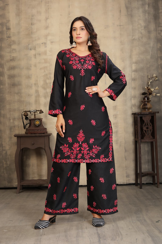 Classic & Stylish Rayon Slub Black Chikankari Kurti Pant Collection