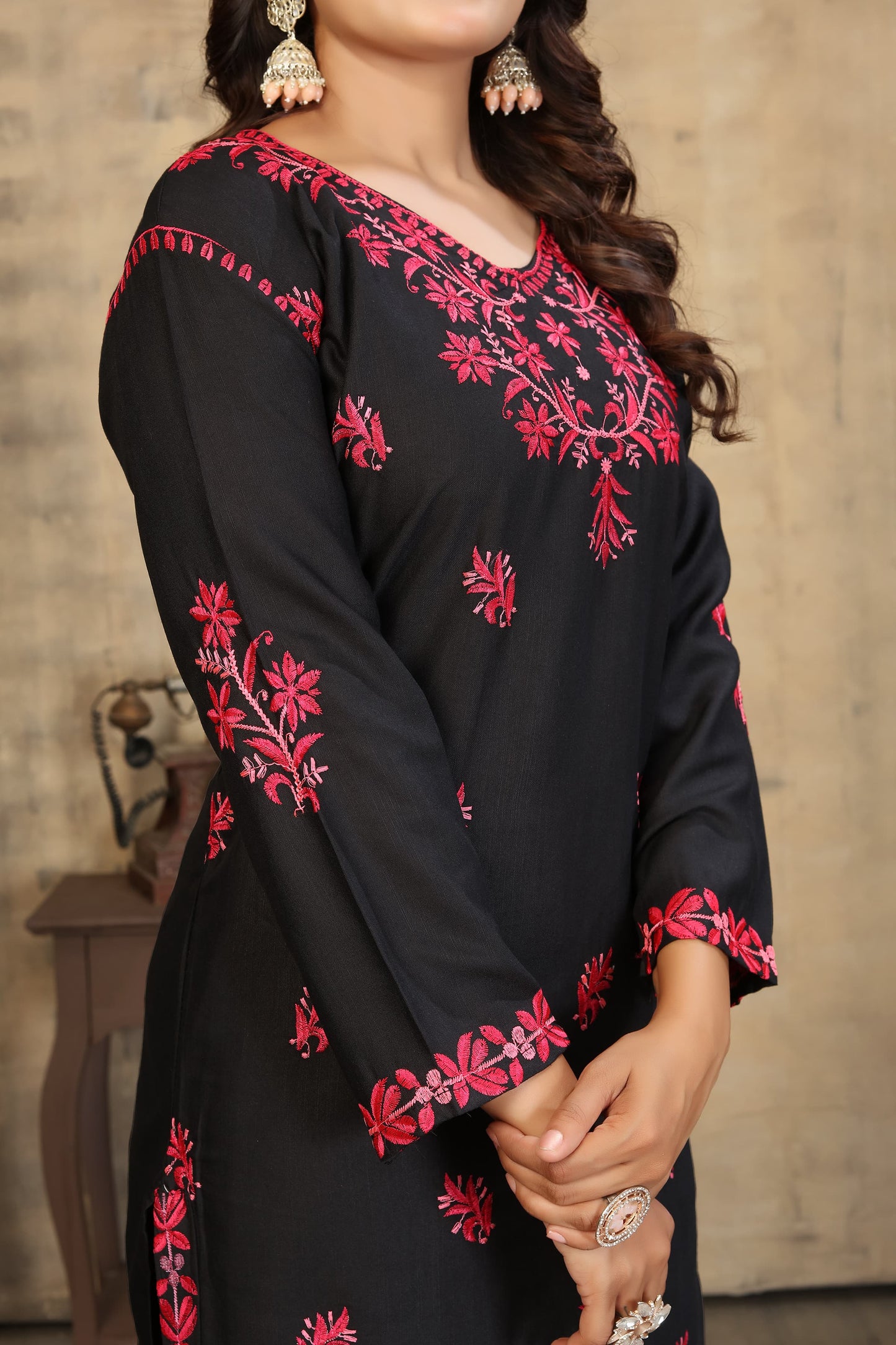 Classic & Stylish Rayon Slub Black Chikankari Kurti Pant Collection