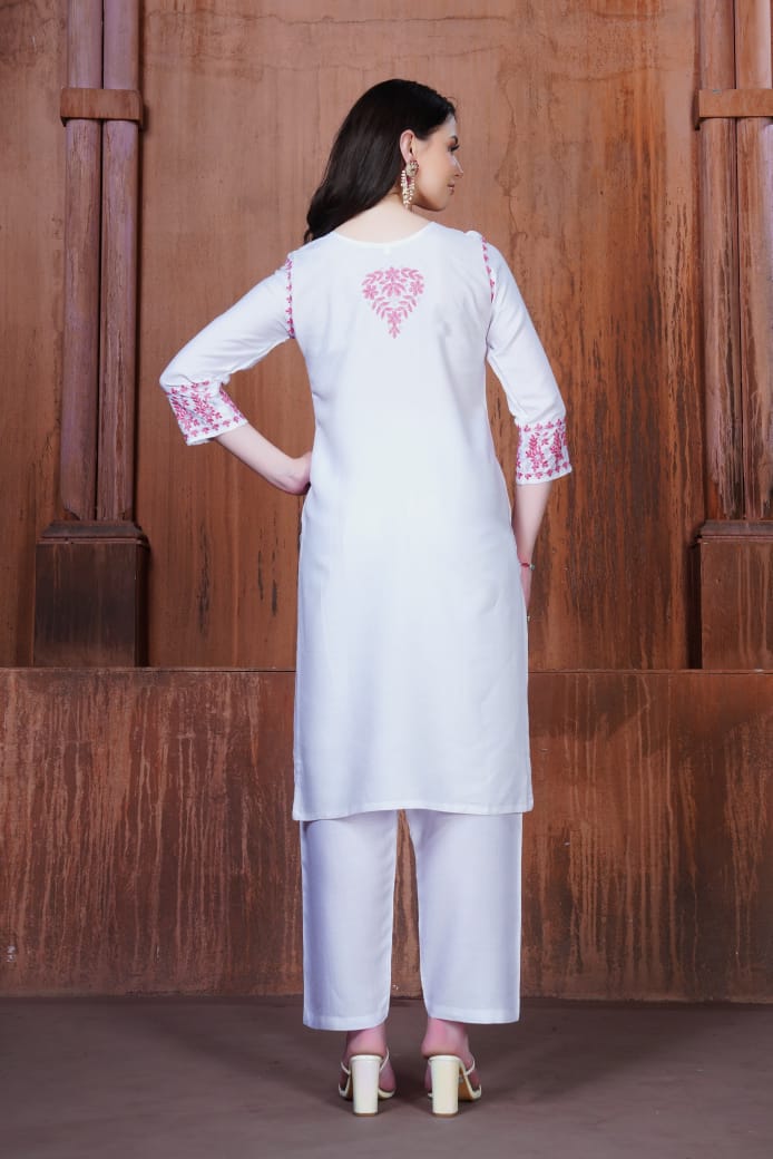 Trendy White Chikankari Embroidery Kurti & Pant for Women