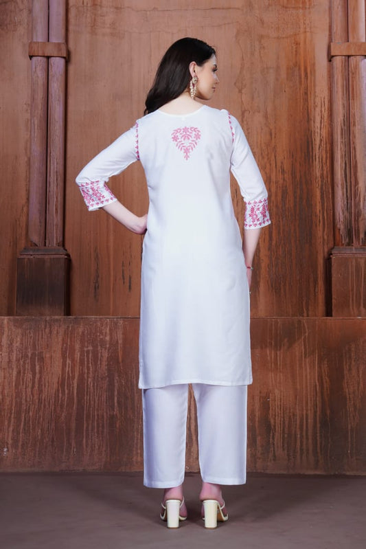 Trendy White Chikankari Embroidery Kurti & Pant for Women