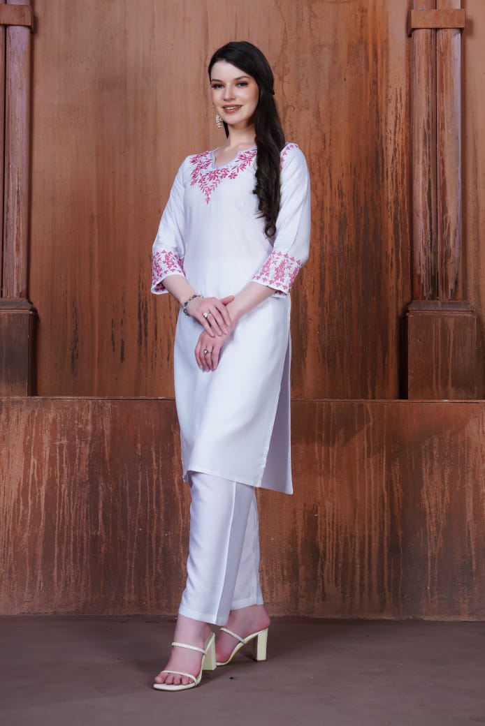 Trendy White Chikankari Embroidery Kurti & Pant for Women
