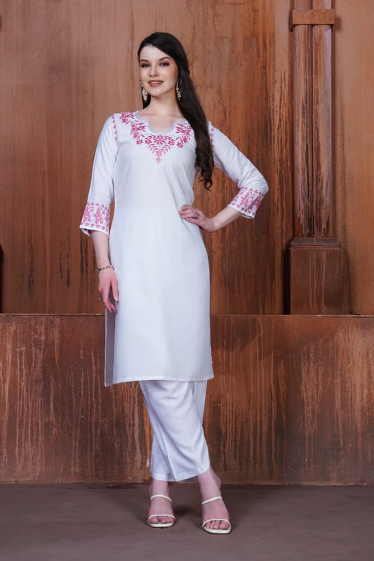 Trendy White Chikankari Embroidery Kurti & Pant for Women