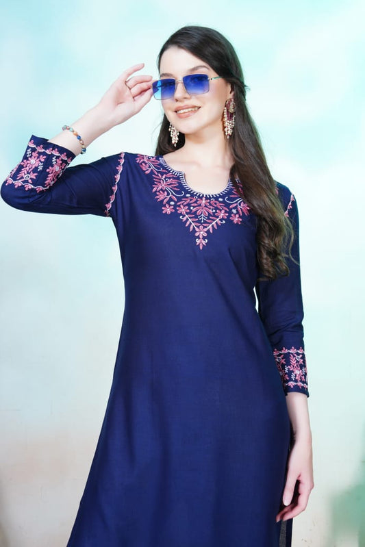 Trendy Blue Chikankari Embroidery Kurti & Pant for Women