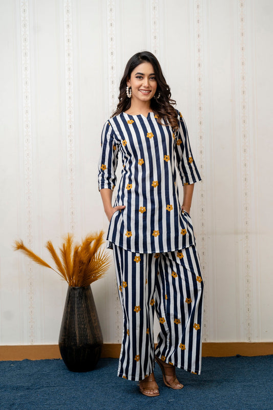 Ocean Stipes Blue Rayon  Co-ord set