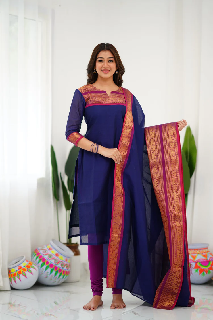Cotton Kurti and Dupatta with Intricate Weaving Work