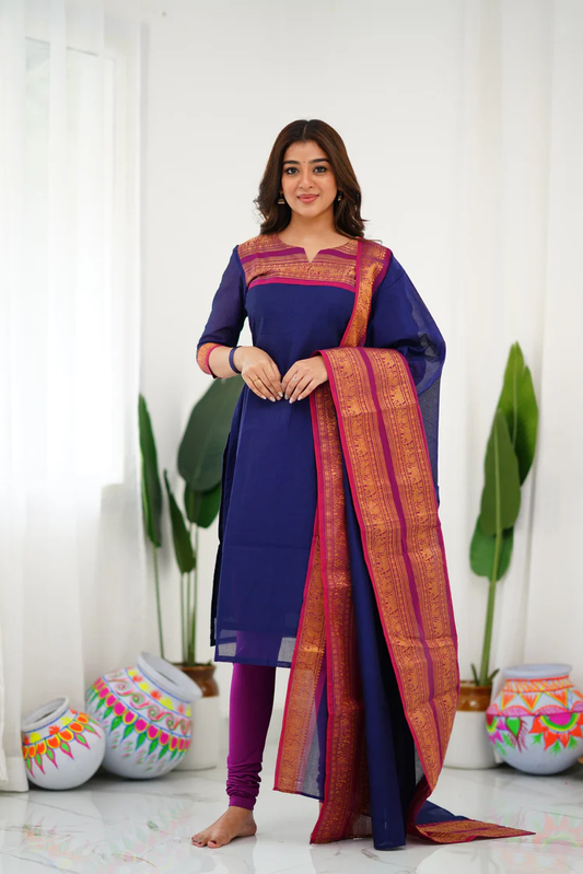 Cotton Kurti and Dupatta with Intricate Weaving Work