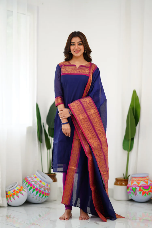 Cotton Kurti and Dupatta with Intricate Weaving Work