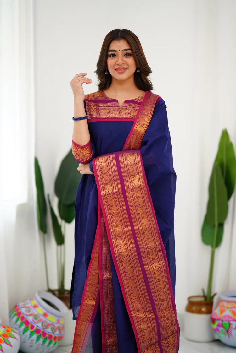 Cotton Kurti and Dupatta with Intricate Weaving Work