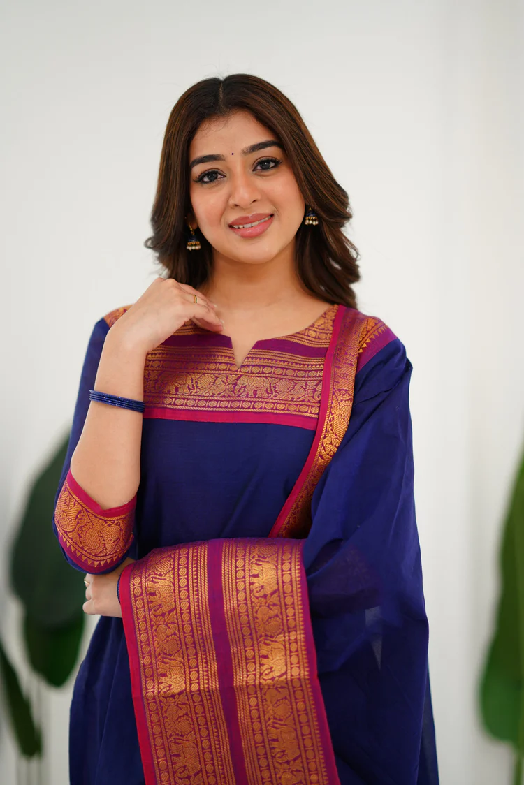 Cotton Kurti and Dupatta with Intricate Weaving Work