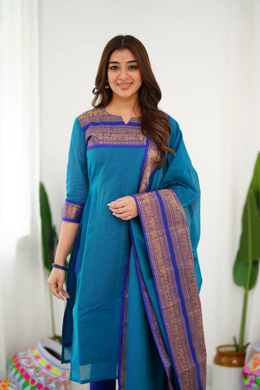 Cotton Kurti and Dupatta with Intricate Weaving Work