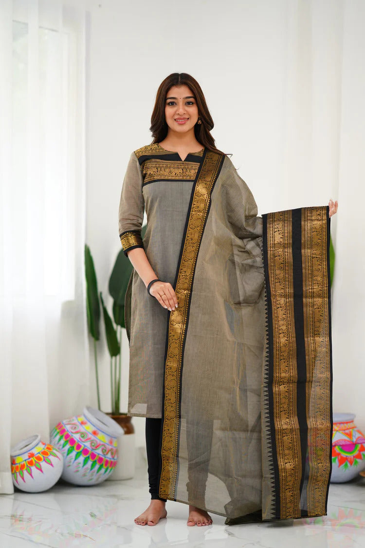 Cotton Kurti and Dupatta with Intricate Weaving Work