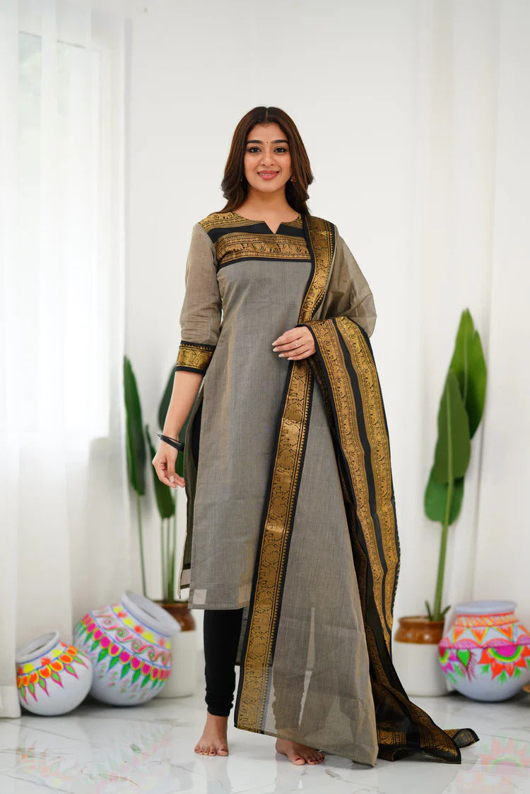 Cotton Kurti and Dupatta with Intricate Weaving Work