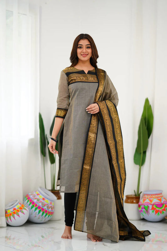 Cotton Kurti and Dupatta with Intricate Weaving Work