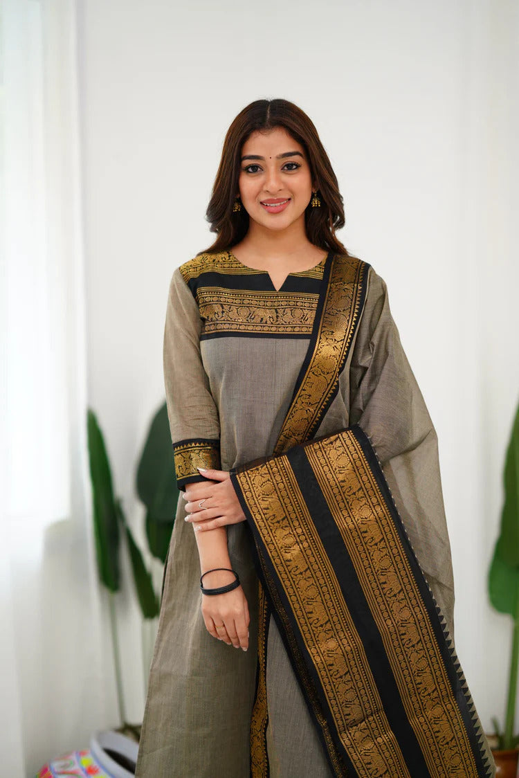 Cotton Kurti and Dupatta with Intricate Weaving Work