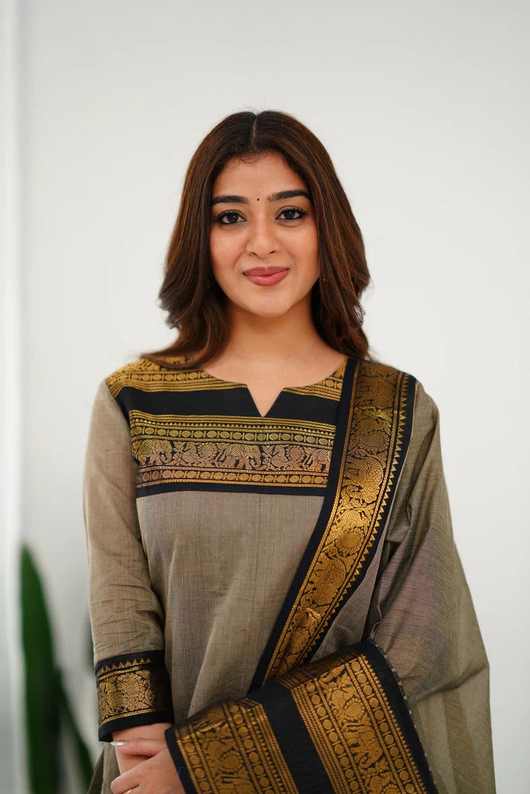 Cotton Kurti and Dupatta with Intricate Weaving Work