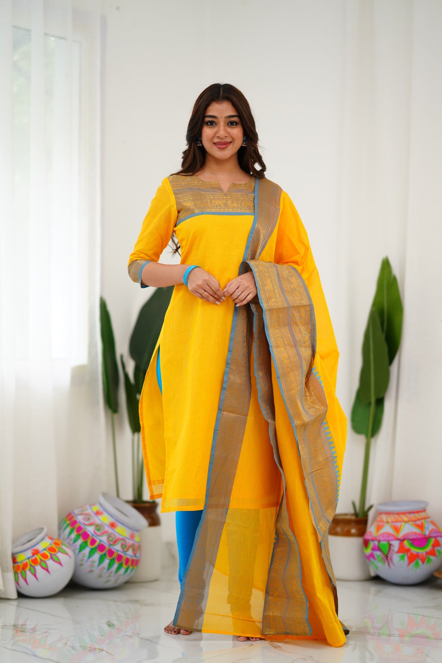 Cotton Kurti and Dupatta with Intricate Weaving Work