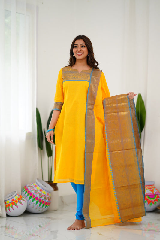 Cotton Kurti and Dupatta with Intricate Weaving Work
