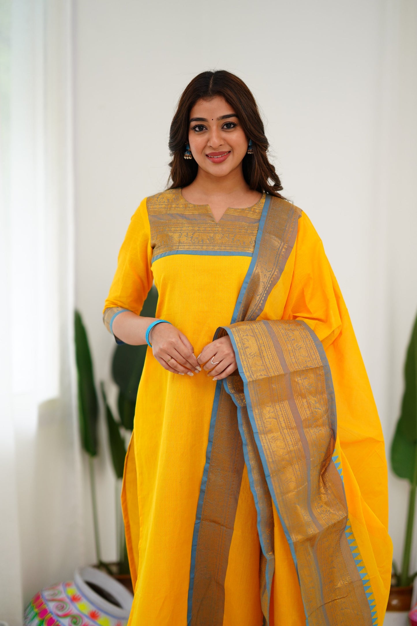 Cotton Kurti and Dupatta with Intricate Weaving Work