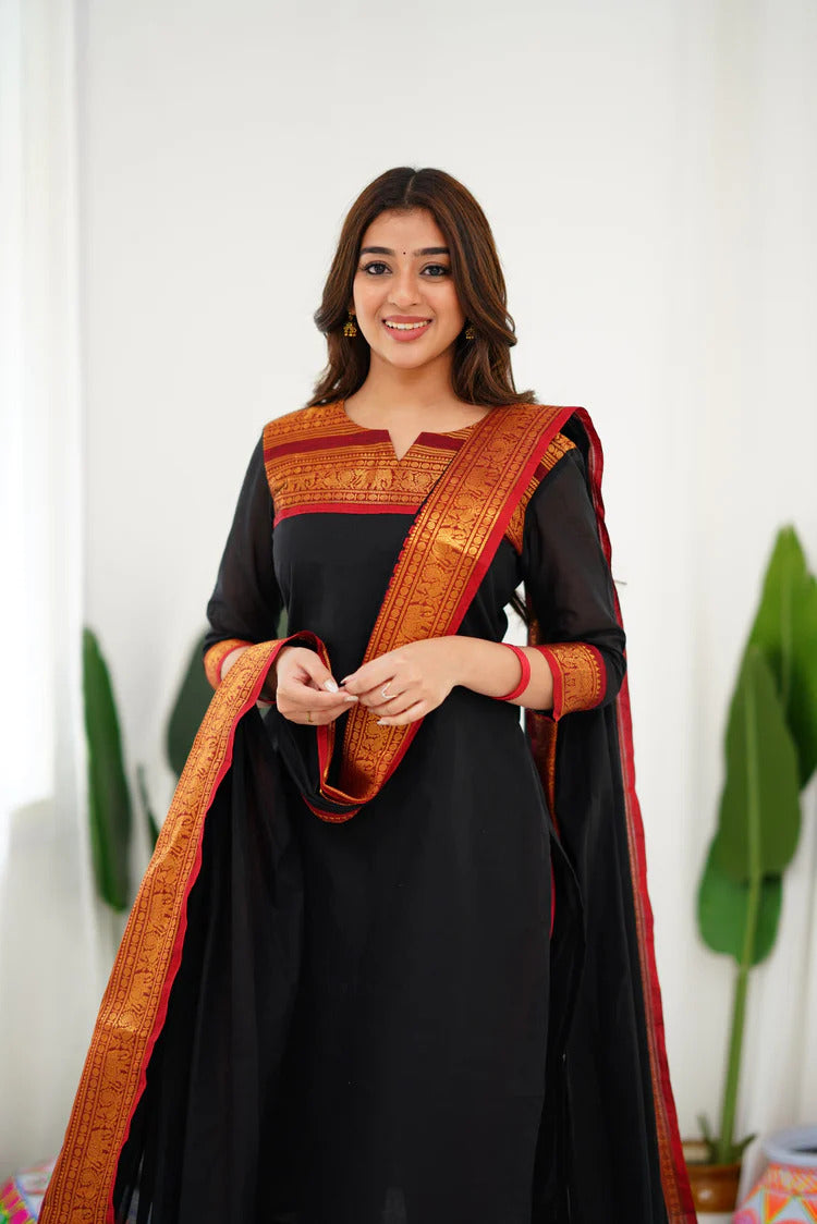 Cotton Kurti and Dupatta with Intricate Weaving Work