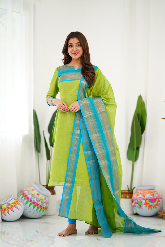 Cotton Kurti and Dupatta with Intricate Weaving Work