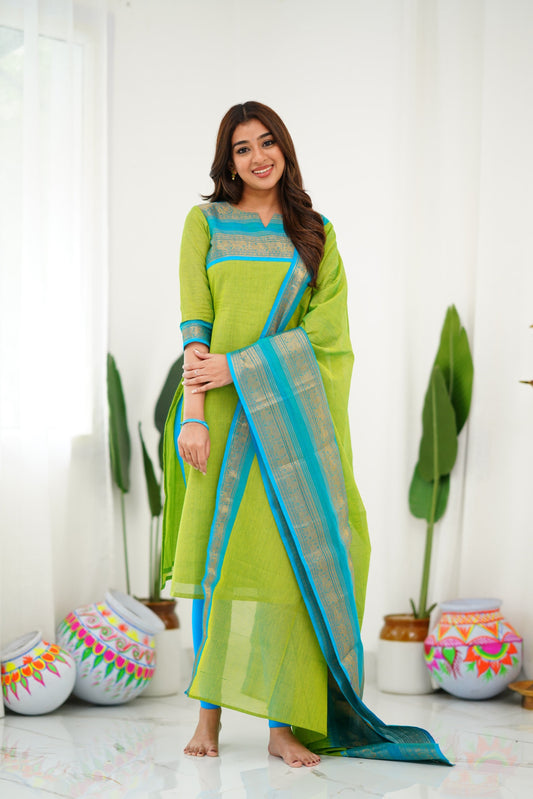 Cotton Kurti and Dupatta with Intricate Weaving Work