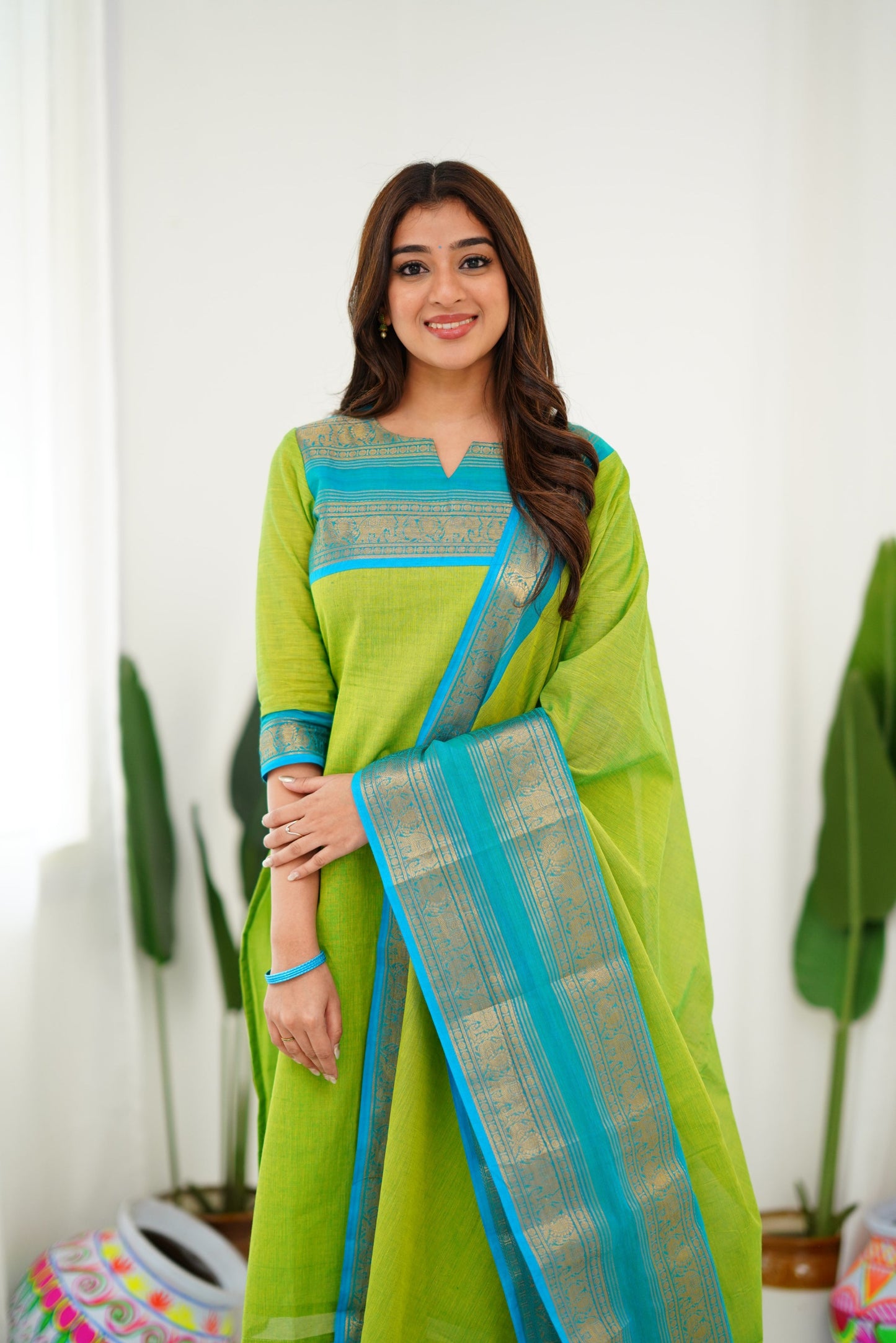 Cotton Kurti and Dupatta with Intricate Weaving Work