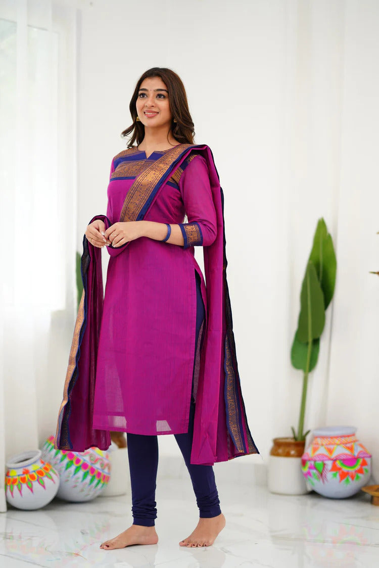 Cotton Kurti and Dupatta with Intricate Weaving Work