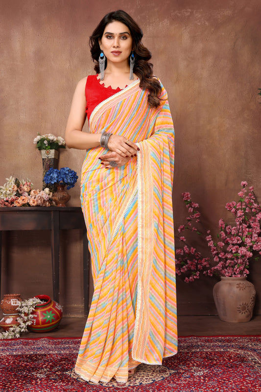 Ready to Wear Yellow Leriya Color Printed Georgette Saree with Lace