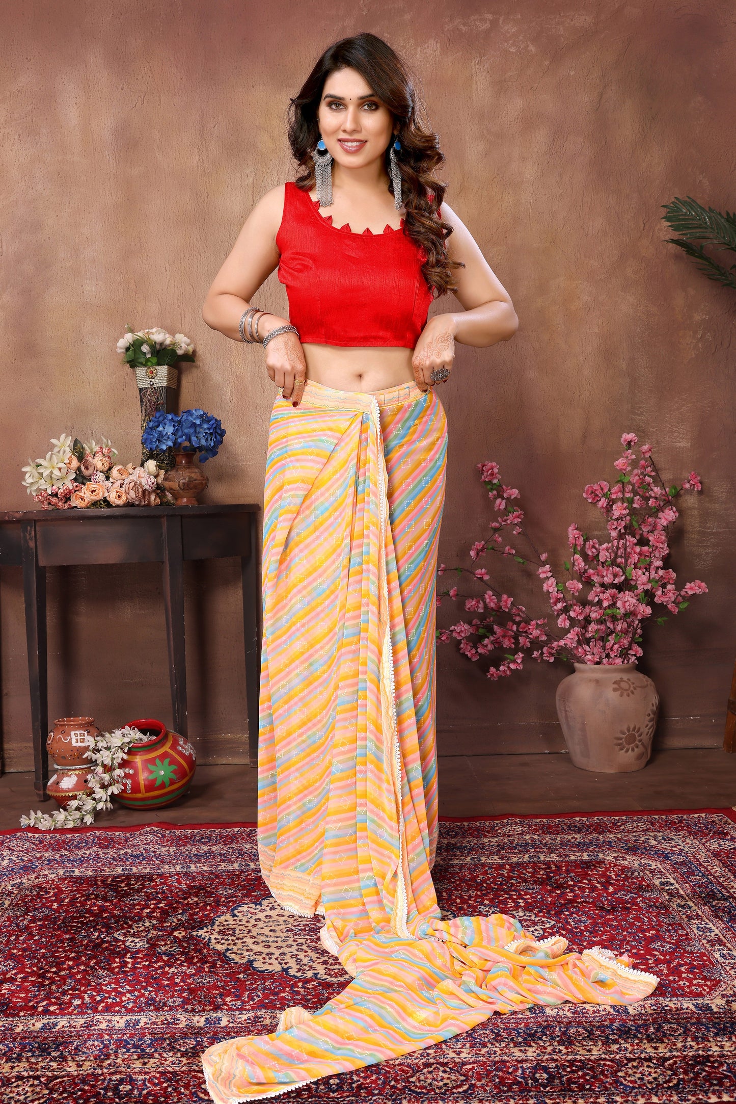 Ready to Wear Yellow Leriya Color Printed Georgette Saree with Lace