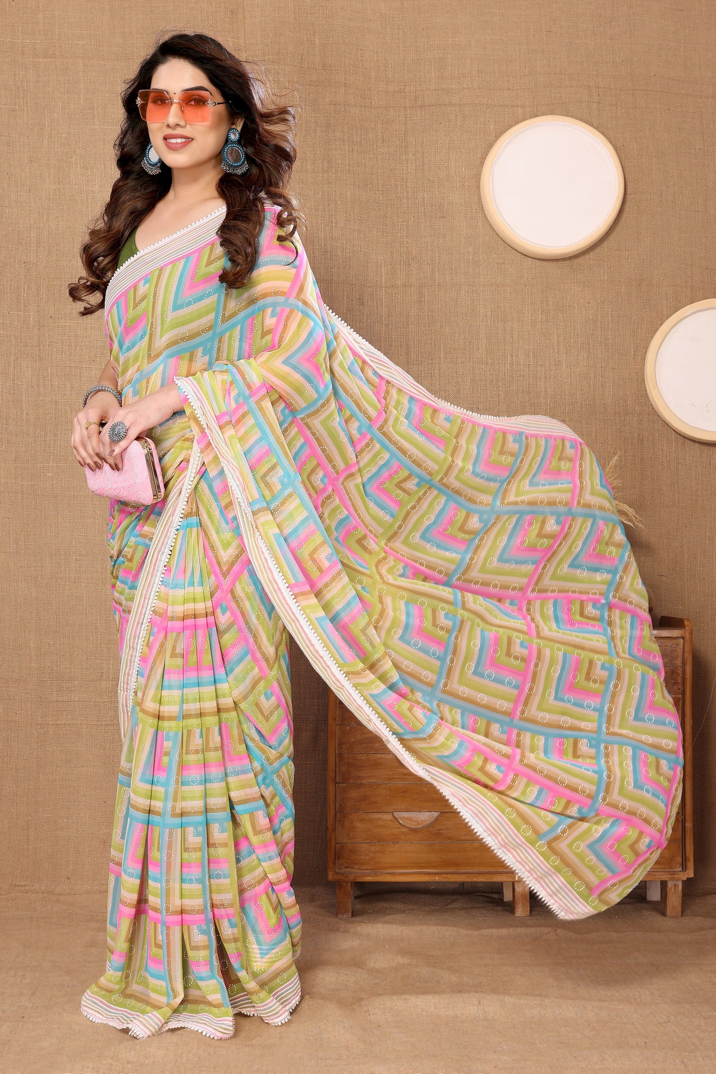 Ready to Wear Green Leriya Color Printed Georgette Saree with Lace