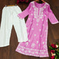 Chikankari Style Pink Embroidered Heavy Rayon Cotton Kurti & Pant Set