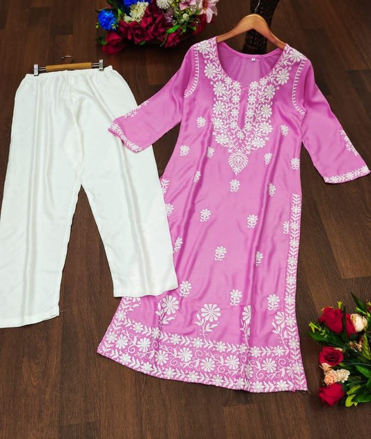 Chikankari Style Pink Embroidered Heavy Rayon Cotton Kurti & Pant Set