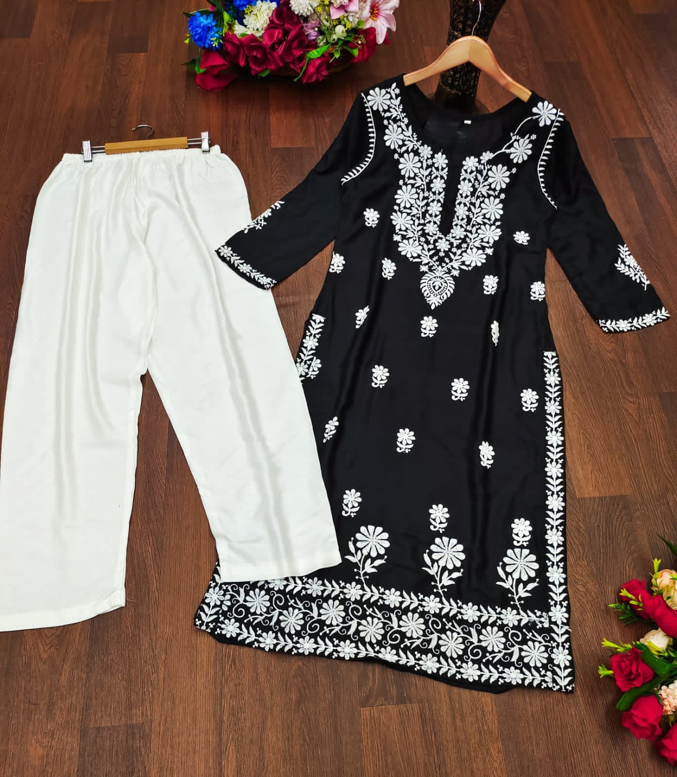 Chikankari Style Black Embroidered Heavy Rayon Cotton Kurti & Pant Set