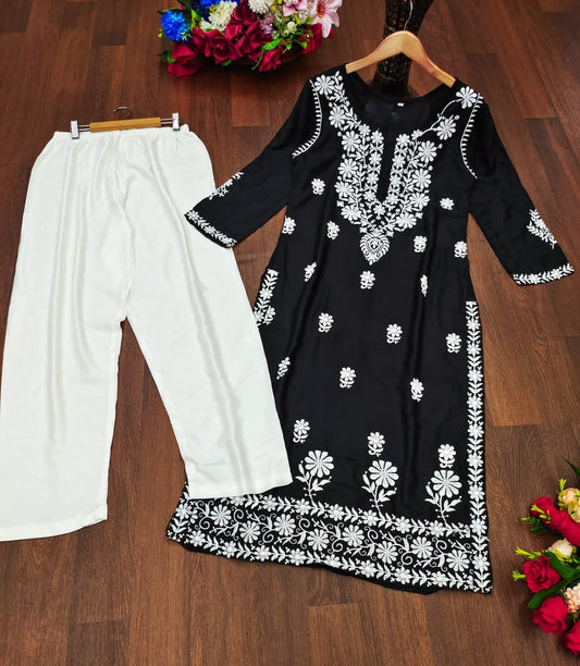 Chikankari Style Black Embroidered Heavy Rayon Cotton Kurti & Pant Set