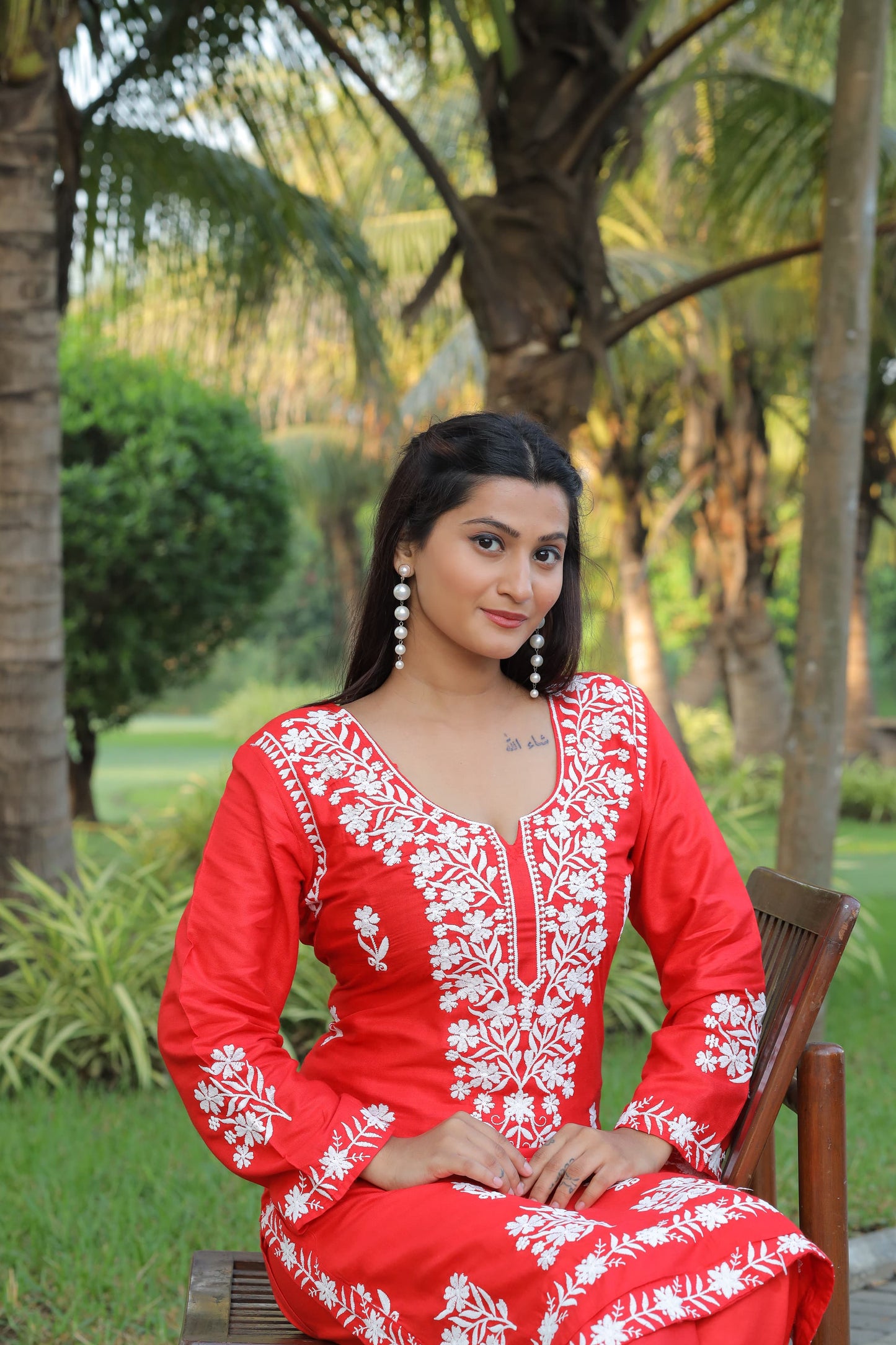 Comfortable Red Chikankari Kurti with Pant for Women