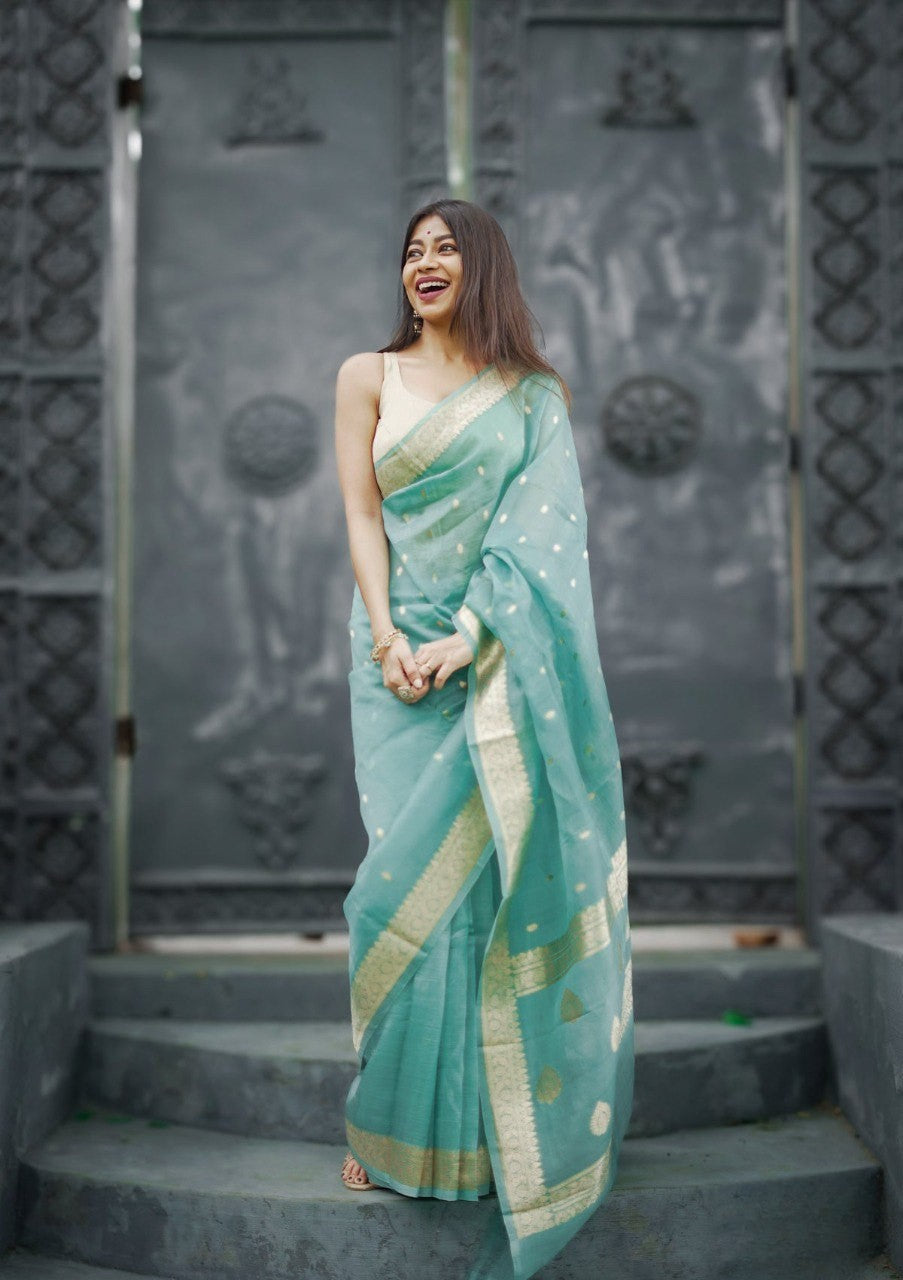 Lilaan Soft Slab Cotton Saree with Rich Weaving Blouse Elegant & Comfortable