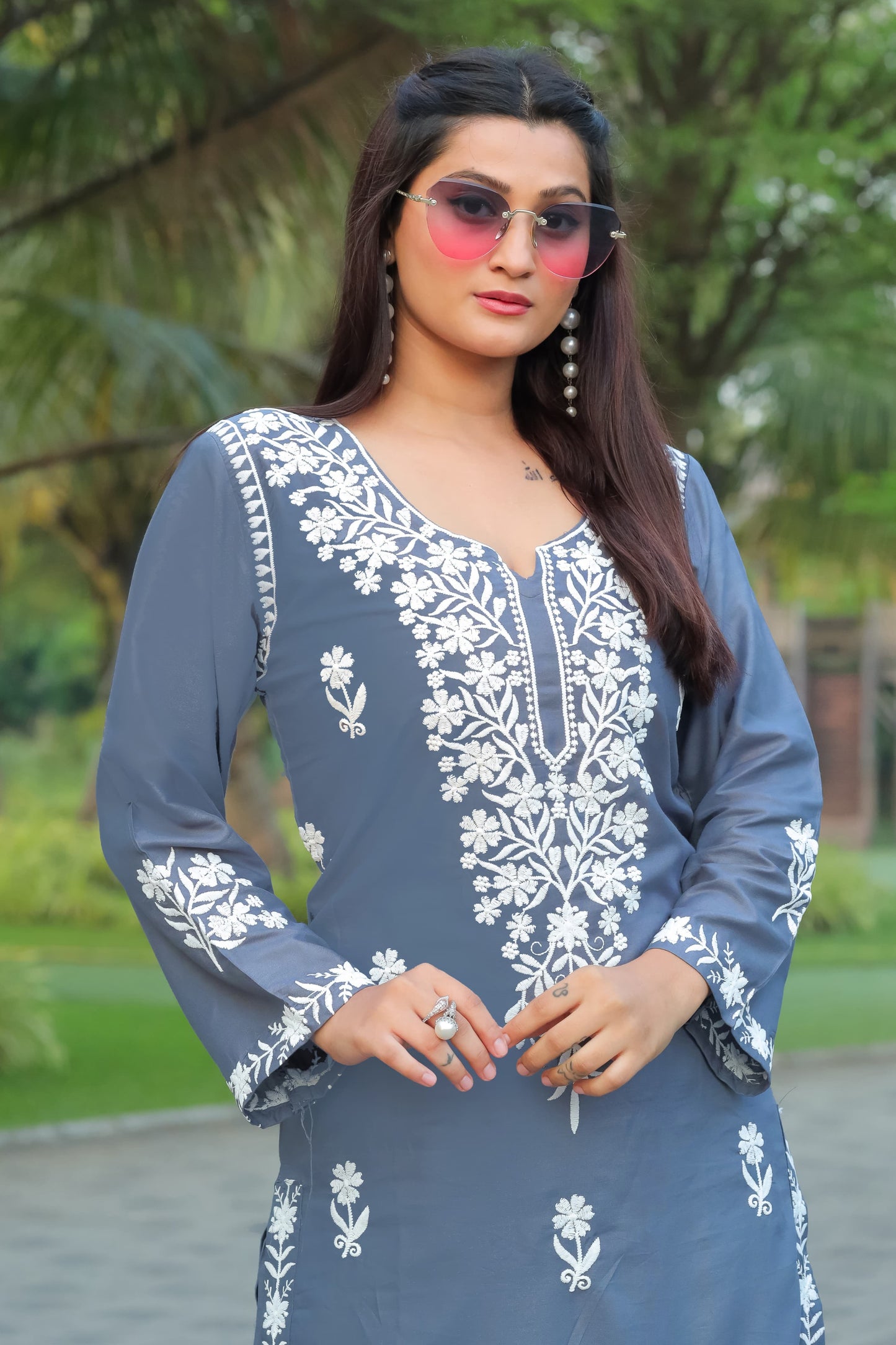 Comfortable Gray Chikankari Kurti with Pant for Women
