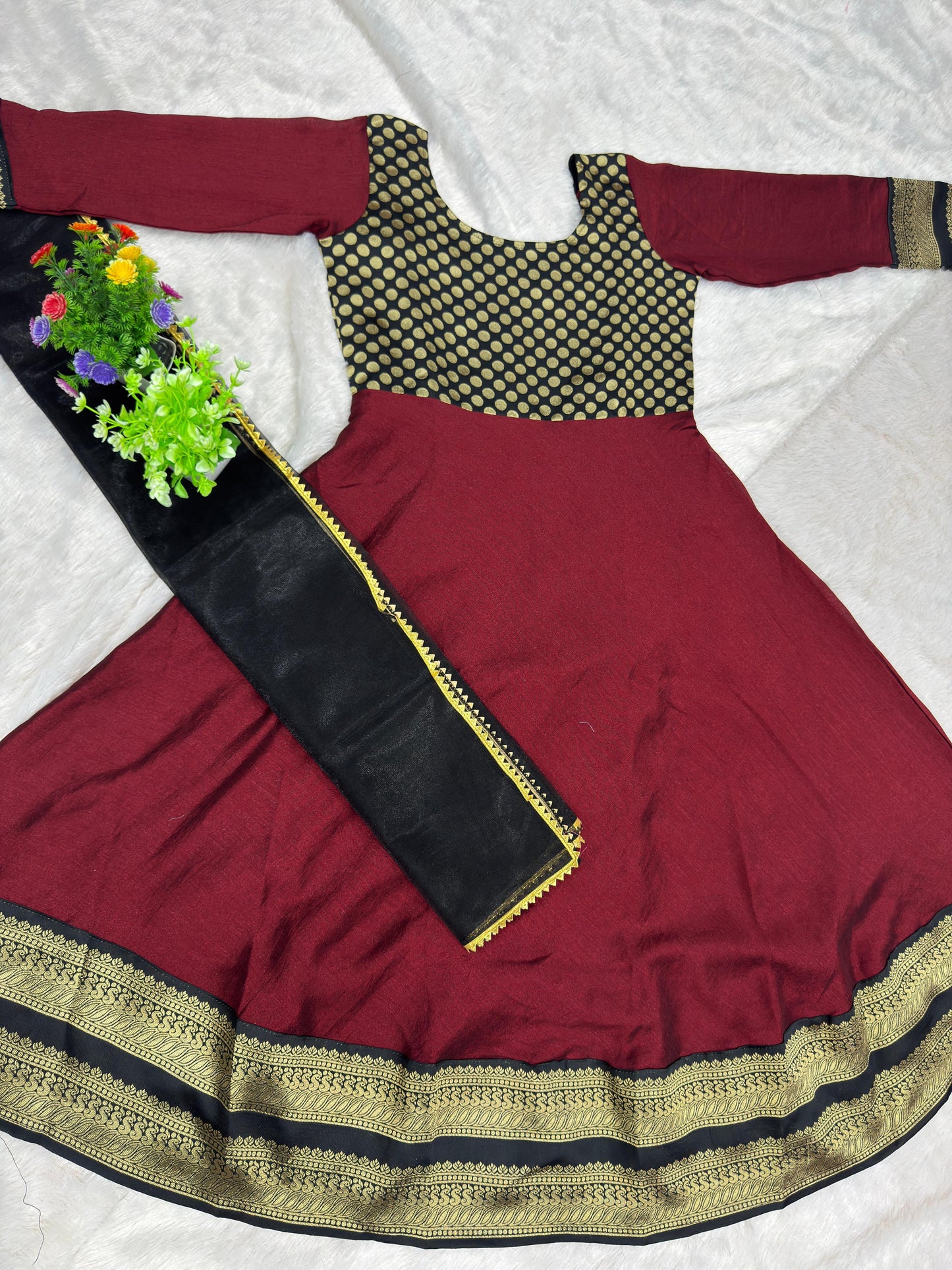 Elegant Maroon Antalkali Suit with Jacquard Silk & Net Dupatta