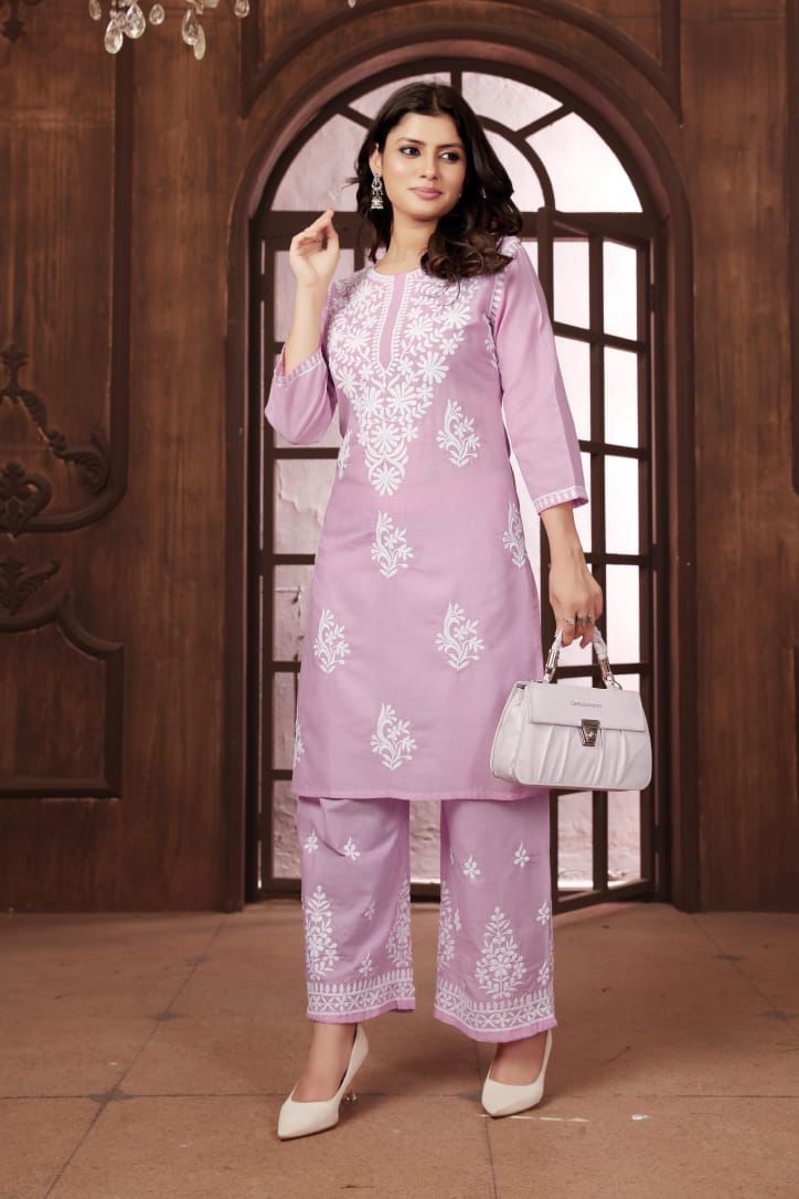 Beautiful Pink Chikankari Cotton Kurti with pant
