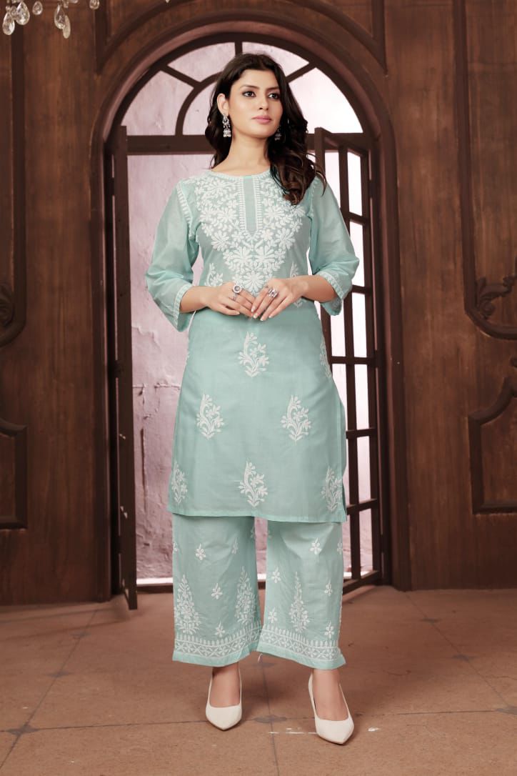 Beautiful Green Chikankari Cotton Kurti with pant