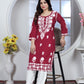 Chikankari Style Maroon Embroidered Heavy Rayon Cotton Kurti & Pant Set