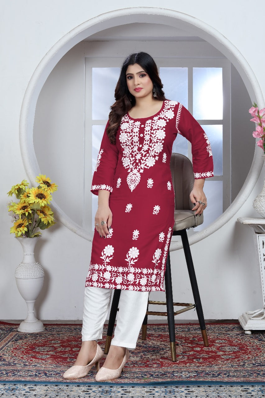 Chikankari Style Maroon Embroidered Heavy Rayon Cotton Kurti & Pant Set