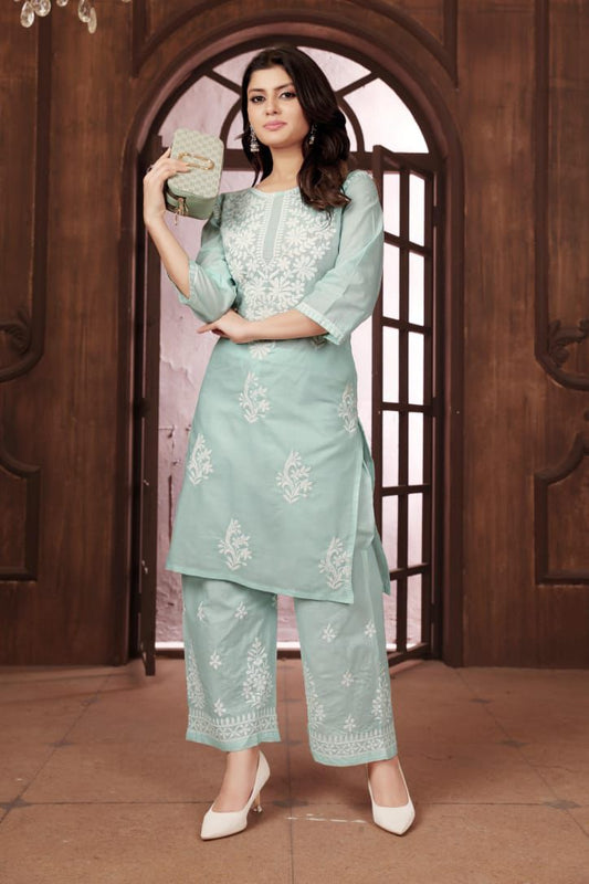 Beautiful Green Chikankari Cotton Kurti with pant